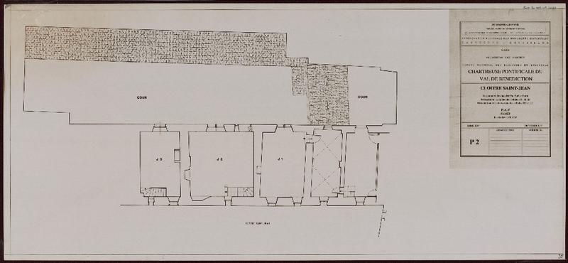 Chartreuse pontificale du Val de Bénédiction. Cloître Saint-Jean : restauration des façades est, sud et ouest. Restauration complète des cellules J1, J2, J3. Restauration des couvertures des cellules J10 et J12. PAT. Projet. Plan de l'étage. P2.