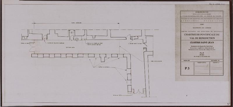 Chartreuse pontificale du Val de Bénédiction. Cloître Saint-Jean : restauration des façades est, sud et ouest. Restauration complète des cellules J1, J2, J3. Restauration des couvertures des cellules J10 et J12. PAT. Projet. Plan de la galerie sud. P3.