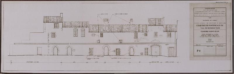 Chartreuse pontificale du Val de Bénédiction. Cloître Saint-Jean : restauration des façades est, sud et ouest. Restauration complète des cellules J1, J2, J3. Restauration des couvertures des cellules J10 et J12. PAT. Projet. Elévation est. P4.
