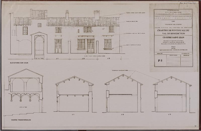 Chartreuse pontificale du Val de Bénédiction. Cloître Saint-Jean : restauration des façades est, sud et ouest. Restauration complète des cellules J1, J2, J3. Restauration des couvertures des cellules J10 et J12. PAT. Projet. Elévation sur cour-Coupes transversales. P5.