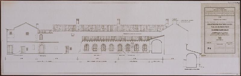 Chartreuse pontificale du Val de Bénédiction. Cloître Saint-Jean : restauration des façades est, sud et ouest. Restauration complète des cellules J1, J2, J3. Restauration des couvertures des cellules J10 et J12. PAT. Projet. Elévation sud. P6.