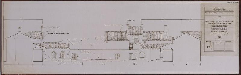 Chartreuse pontificale du Val de Bénédiction. Cloître Saint-Jean : restauration des façades est, sud et ouest. Restauration complète des cellules J1, J2, J3. Restauration des couvertures des cellules J10 et J12. PAT. Projet. Elévation ouest. P7.