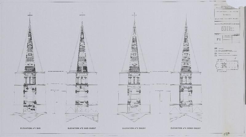 Restauration du clocher, élévation n°1 sud, élévation n°2 sud-ouest, élévation n°3 ouest, élévation n°4 nord-ouest, P1.