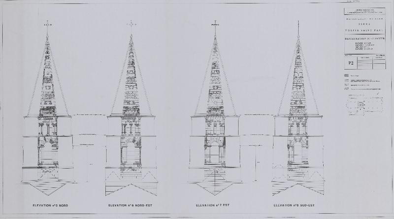 Restauration du clocher, élévation n°5 nord, élévation n°6 nord-est, élévation n°7 est, élévation n°8 sud-est, P2.