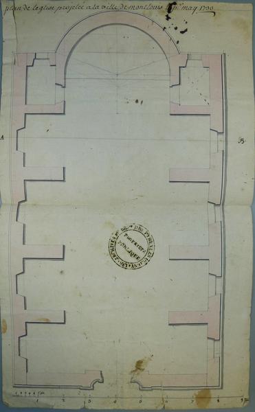 Plan de l'église projetée à la ville de Montlouis 1733 (Archives départementales Pyrénées-Orientales).