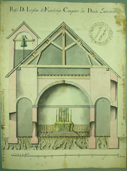 Coupe de l'église projetée à la ville de Montlouis 1733 (Archives départementales Pyrénées-Orientales).