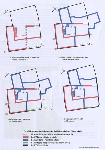 Pré-diagnostic architectural S. Aspord-Mercier, août 2008 : hypothèse de l'évolution du bâti du 13e au 20e siècle.