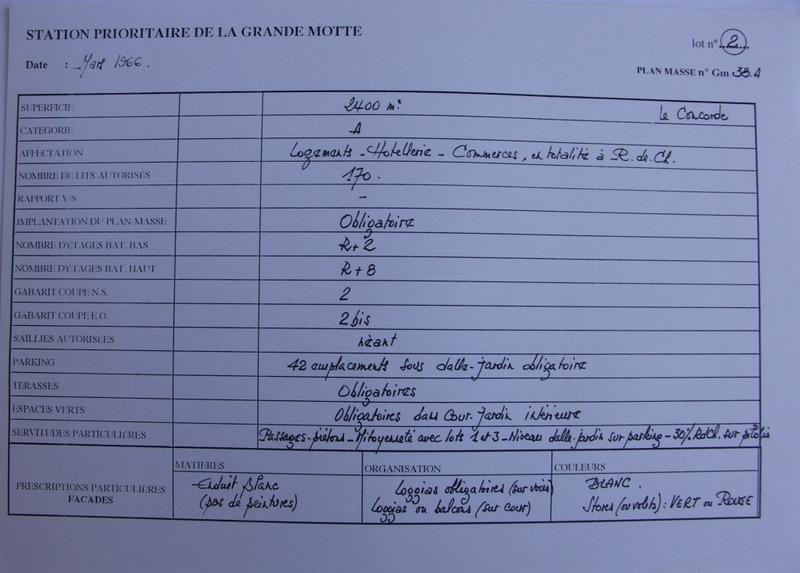 Une fiche de lot établie par l'architecte en chef de la station, en amont de la construction, afin de donner des prescriptions aux architectes d'opération : ici celle du Concorde, on y trouve, couleurs, occupation des rdc, indications sur les espaces verts (mars 1966).