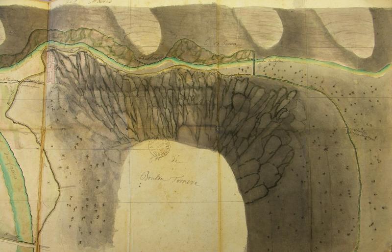 Dessin au lavis joint à un "Mémoire estimatif sur les projets proposés pour le nouveau canal de Corbera ou pour former en maçonnerie les aqueducs de l'ancien" par M. de Razaud 1725 (Arch dep 66 liasse 112EDT415).