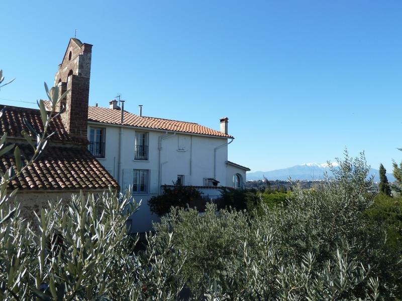 Au sud-ouest, une maison est accolée à l'édifice. Le Canigou enneigé au loin.