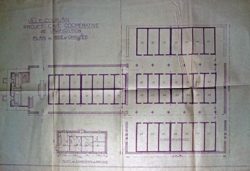 Ville de Coursan. Projet cave coopérative de vinification. Plan du rez-de-chaussée, échelle non mentionnée (0,01 pm). Papier, encre noire. Non signé ni daté (M. Hérans, 1936, Fonds Gibert, Com. Archéol. Narbonne).