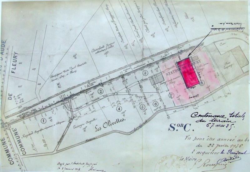 Cave coopérative de vinification de Fleury. Plan des lieux (projet d'agrandissement), échelle : 1mm pm, calque, encre noire, crayon de couleur, encre de Chine. Non signé ni daté (Hérans, 1938, Archives départementales de l'Aude, 1104W48).