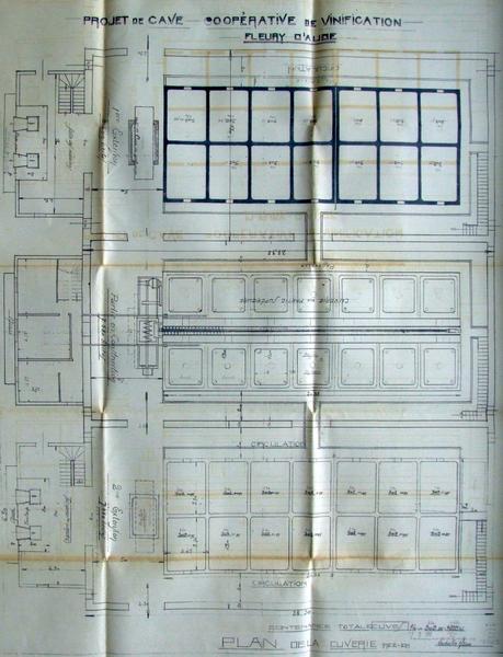 Projet de cave coopérative de vinification Fleury d'Aude. Plan de la cuverie, échelle 1/200. Papier épais, encre noire. Non daté, non signé (Hérans, architecte, 1938, Archives départementales de l'Aude, 1104W48).