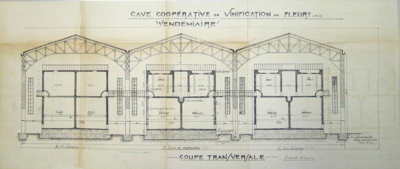 Projet de cave coopérative de vinification Fleury d'Aude. Plan de la cuverie, échelle 1/200. Papier épais, encre noire. Non daté, non signé (Hérans, 1938, Archives départementales de l'Aude, 1104W48).