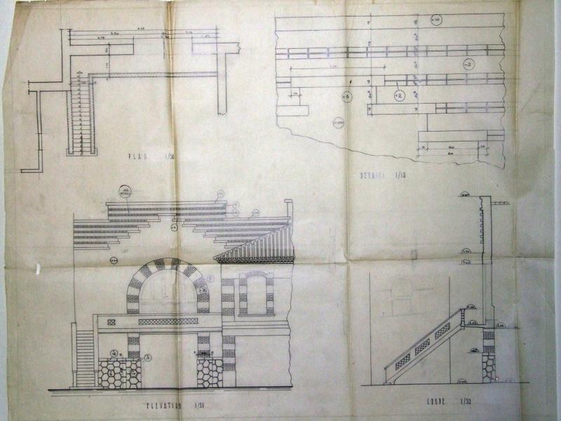 Projet d'agrandissement de la cave coopérative de vinification. Projet dressé par H. Gibert, 25 mars 1948. Détails de la façade du chai principal accolé à la cave de 1936-1937 : la porte est la réplique de celle de la cave du château de Védilhan à Moussan (fonds Gibert, Commission Archéologique de Narbonne).