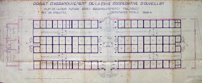 Projet de deuxième agrandissement de la cave coopérative d'Ouveillan. Plan de la cave après agrandissements multiples. Plan du rez-de-chaussée - contenance totale 52290 hl, échelle : 2 cm pm, papier, encre noire. Signé G. Ladousse et daté du 5 février 1938. (Archives de la cave coopérative).