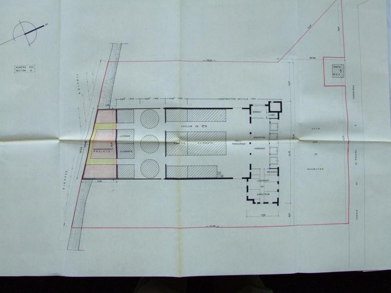 Cave coopérative de Saint-Nazaire d'Aude. Projet d'agrandissement 1967. Plan d'ensemble, échelle : 0,5 cm pm. Papier. Signé P. Reverdy, daté du 20 octobre 1967. (Archives départementales de l'Aude, 1104W67). C'est le dernier agrandissement de la cave.