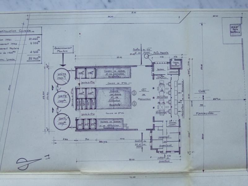 Société coopérative agricole de vinification de Saint-Nazaire d'Aude. Avant-projet d'agrandissement 1960 de la cave coopérative. Plan d'ensemble, échelle : 1/2 cm pm, papier, encre noire. Signé Pierre Reverdy, daté du 30 mars 1960 (Archives départementales de l'Aude, 1104W114).