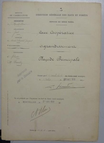 Agrandissement, façade principale, signé L. Pierredon, 1930, archives de la cave.