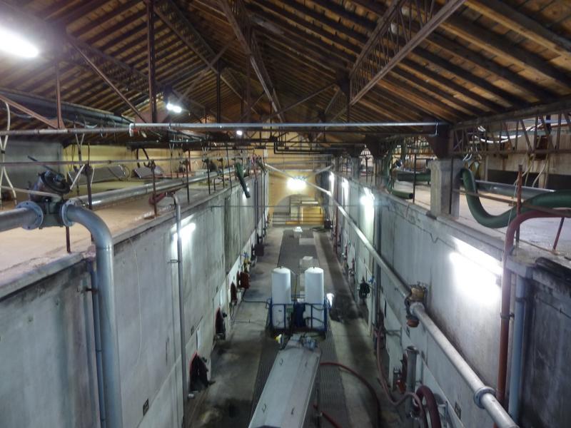 Intérieur, travée de cuves en béton et toiture.