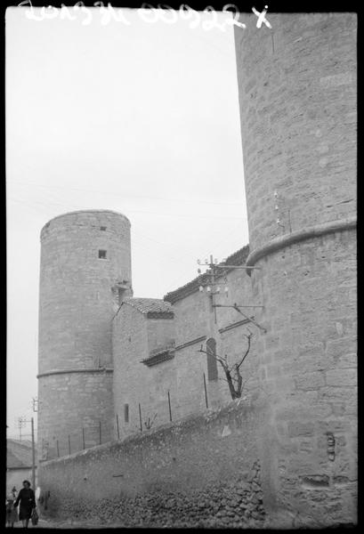 Vue extérieure : détail. Corbeaux de chemin de ronde.