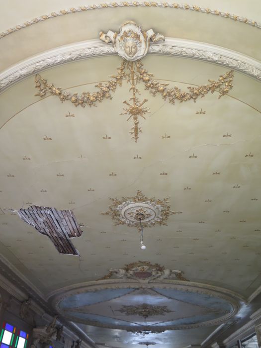 Salle des fêtes du 1er étage. Vue d'ensemble du plafond, avec dégradations.