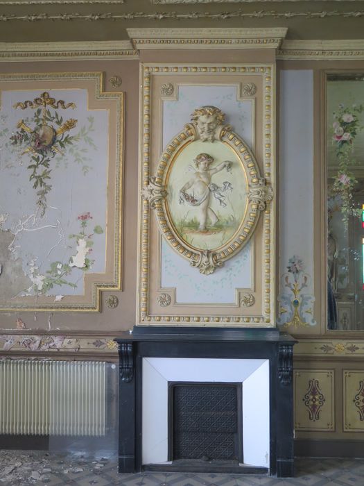 Salle des fêtes du 1er étage. Mur est. Panneau avec cheminée et trumeau sculpté entre panneau peint et miroir.