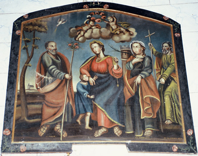 Tableau 19e siècle : Vierge à l'Enfant, Saint-Joseph, Saint-Matthieu, Sainte-Barbe.