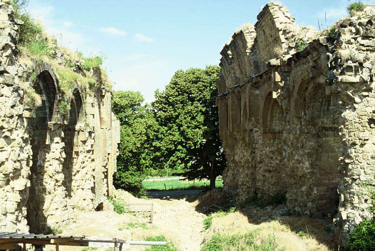 Ancienne église priorale ruinée, au nord de l'ensemble, vue vers l'ouest.