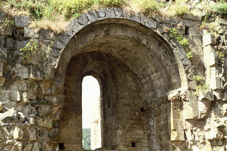 Ancienne église priorale ruinée, mur sud, baie haute.