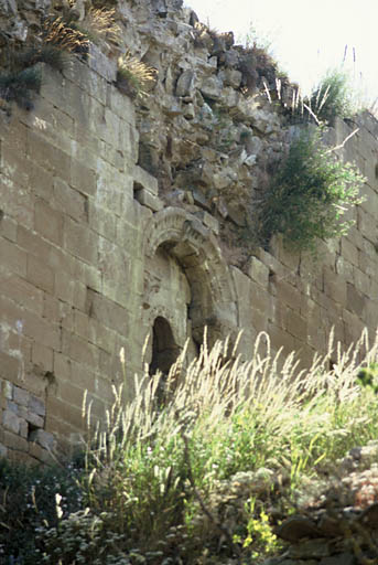 Ancienne église priorale ruinée, mur sud, baie haute vue de l'extérieur.