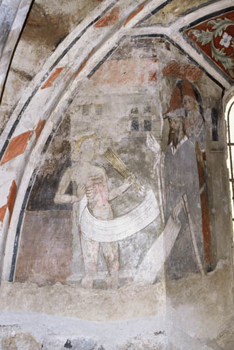 Chapelle sud, détail peintures murales retraçant le martyr de Saint-Sébastien.