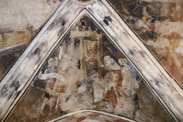 Chapelle sud, détail peintures murales retraçant le martyr de Saint-Sébastien.