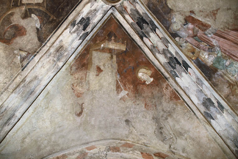 Chapelle sud, détail peintures murales retraçant le martyr de Saint-Sébastien.