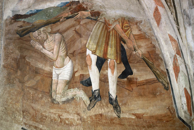 Chapelle sud, détail peintures murales retraçant le martyr de Saint-Sébastien.