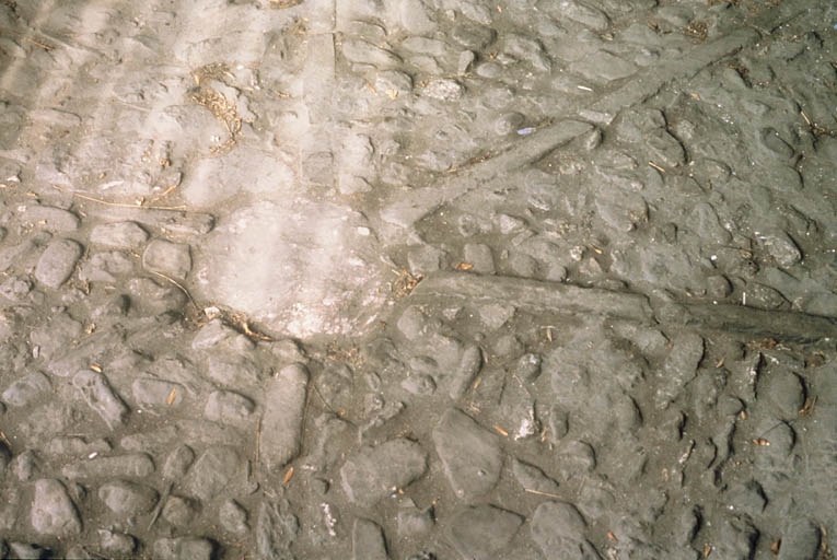 Intérieur, sol pavé de galets de schiste en motif d'étoile.