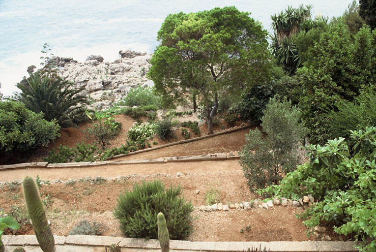 Jardin en terrasses de la guinguette L'Etoile de Mer, vue vers la mer.