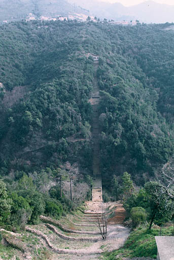 "Ensemble du siphon vu depuis la maison de garde en direction du sud-et. En bas, le tablier du pont ; en face au loin, la petite construction abritant la tête d'aval de l'ouvrage."