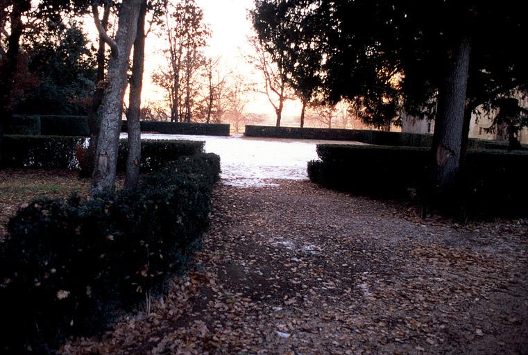 Vue du parc, l'allée de buis suivie de la cour.