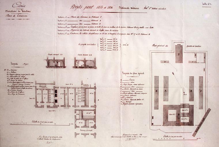 Vue d'un plan projet pour 1856, les prisons.