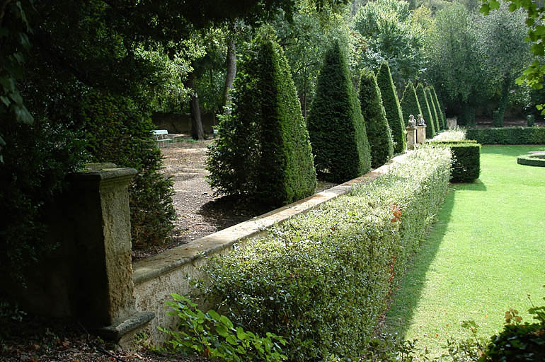 Vue des ifs et des sphinges dominant la terrasse des parterres.