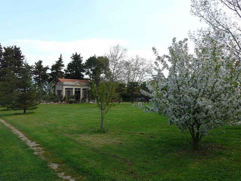 Partie Ouest du parc, tapis vert et serre au second plan.