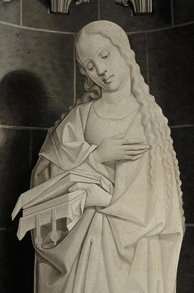 Détail panneau grisaille de droite, la Vierge.