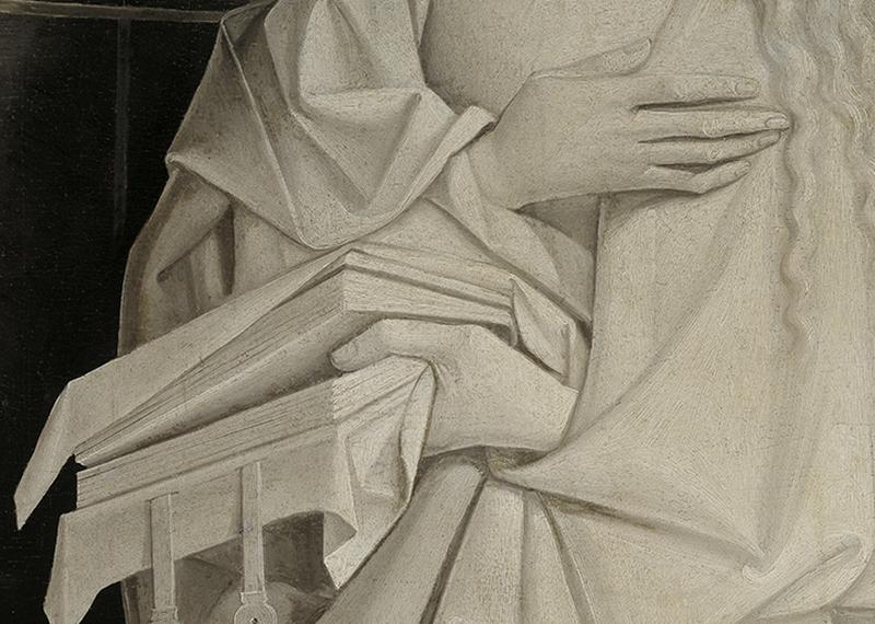 Détail panneau grisaille de droite, la Vierge.