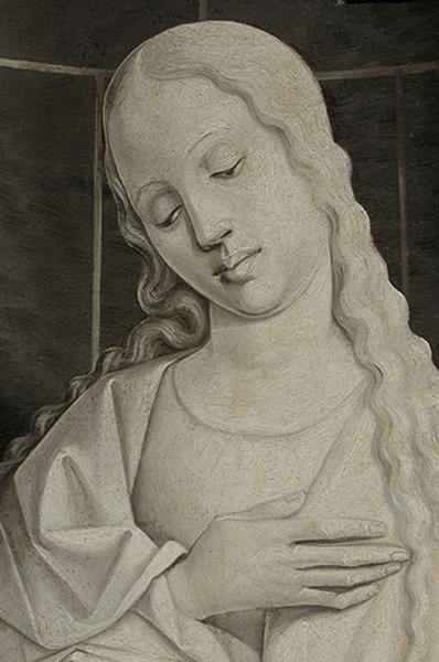 Détail panneau grisaille de droite, la Vierge.