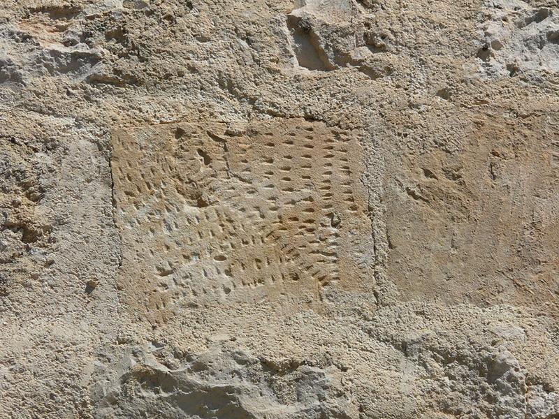 Mur gouttereau sud, détail de la pierre de taille avec traces de ciseaux.