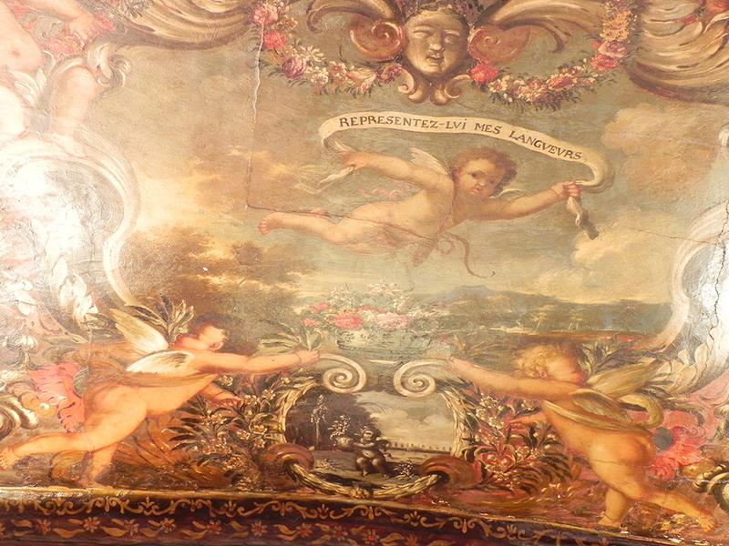 Plafond de l'ancienne chambre de Gaspard de Venel : détail du 2ème vers "représentez lui mes langueurs".