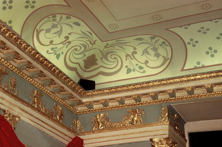 Vue de la grande salle, le décor du plafond.