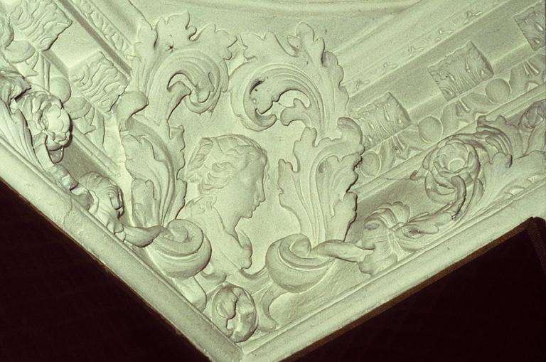 Vue du boudoir au rez-de-chaussée, détail d'un angle du plafond.