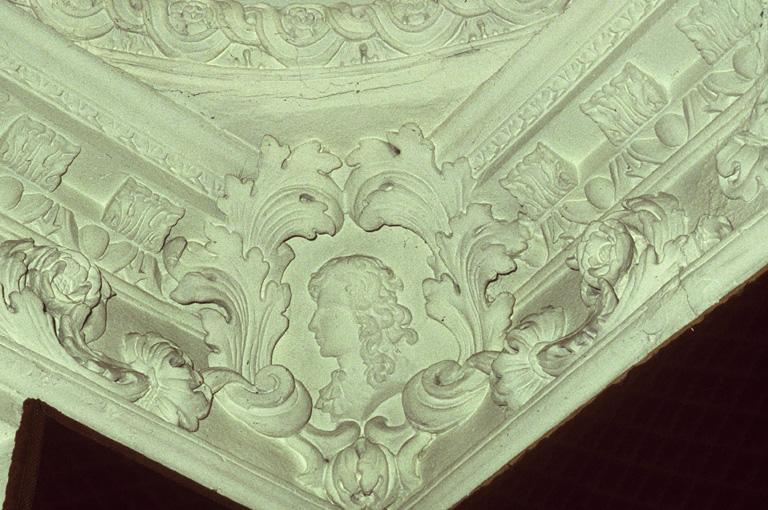 Vue du boudoir au rez-de-chaussée, détail d'un angle du plafond.